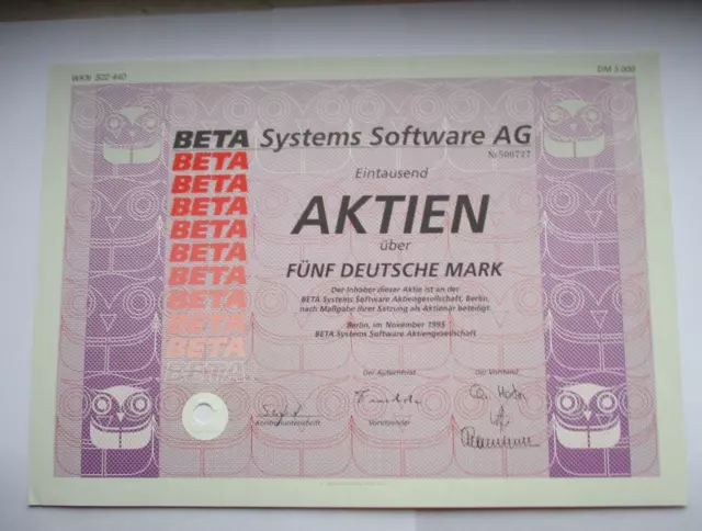 W(51) BETASystems  Software AG, 1000Ak. zu 5 DM, Nov.95,Sammlerstück, entwertet