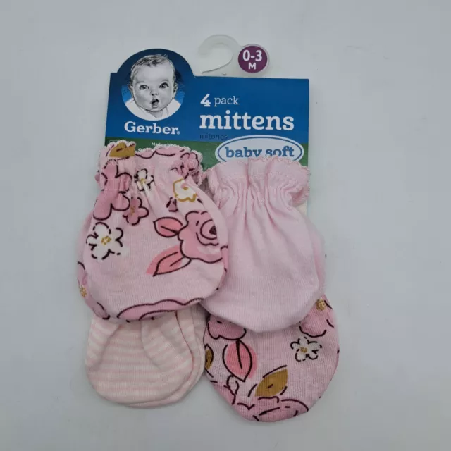 4 Pack Baby Girl Scratch Mittens Gloves Gerber 0-3 Month Pink Flower Striped NEW