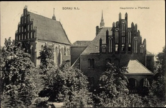 Ak Żary Sorau Ostbrandenburg, Hauptkirche und Pfarrhaus - 10315637