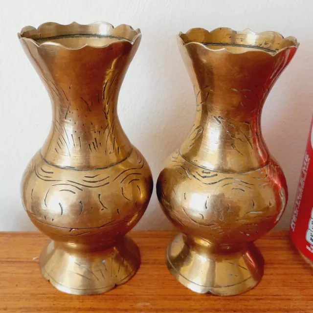 Signed Little Pair Brass Vases-Etched Decor Flowers.H-13cm/W-370g.Superb Quality