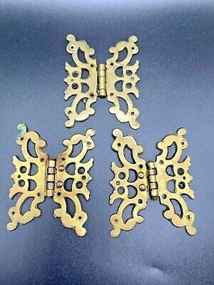 Vintage cast Brass openwork ornate Butterfly hinges 2 match one similar 3" long