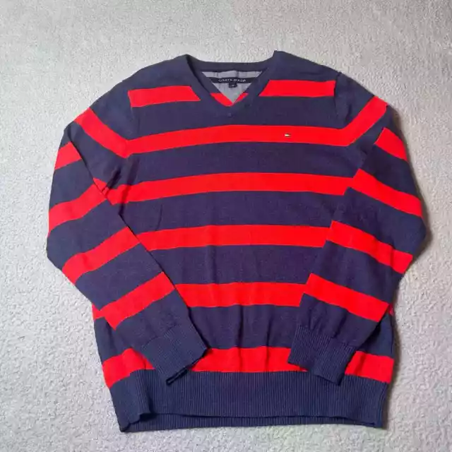 TOMMY HILFIGER SWEATER Mens Large Blue Red Long Sleeve Embroidered Logo ...