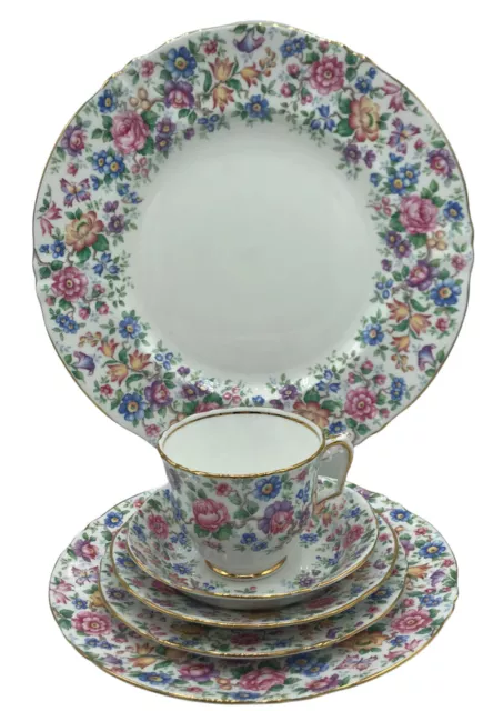 Crown Staffordshire Springtime 6pc Place Setting Chintz Floral Gold Rim Vintage