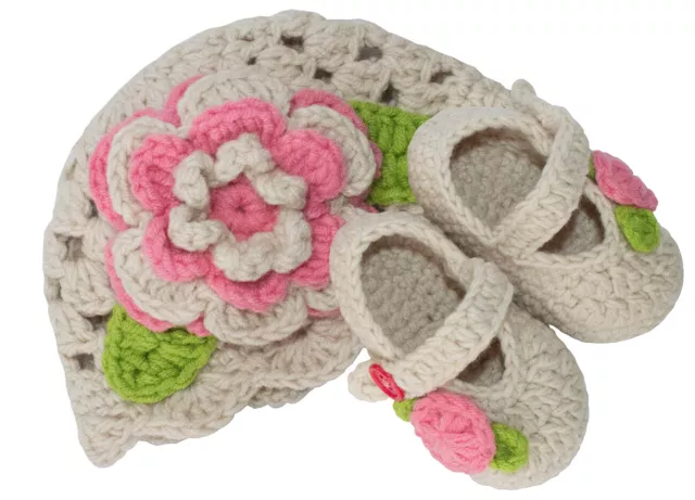 Infant Booties & Hat Set - Light Beige/Pink Flower (0-3 Months)