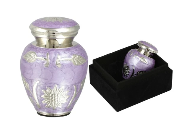 Mini cremation small keepsake memorial urn for token ashes  purple silver flower