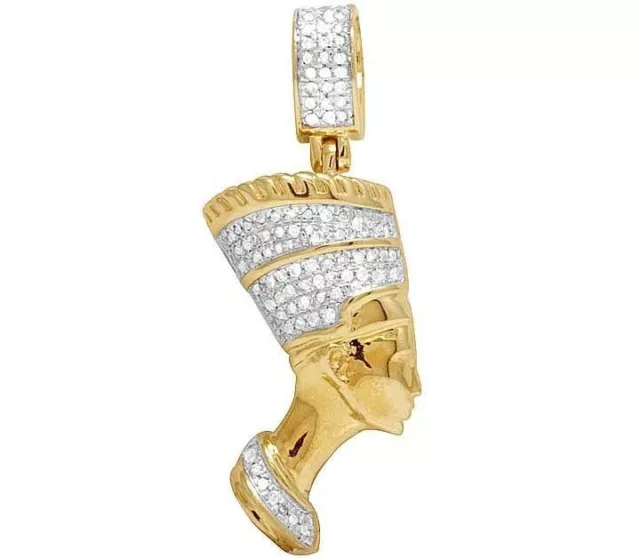 10K Yellow Gold Real Diamond Egyptian Queen Nefertiti Pendant Charm 1/4 Ct 1.4"