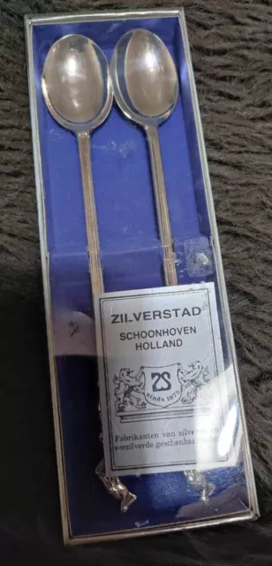 Set Of Two Zilverstad Long Spoons In Box With Ornate Handles