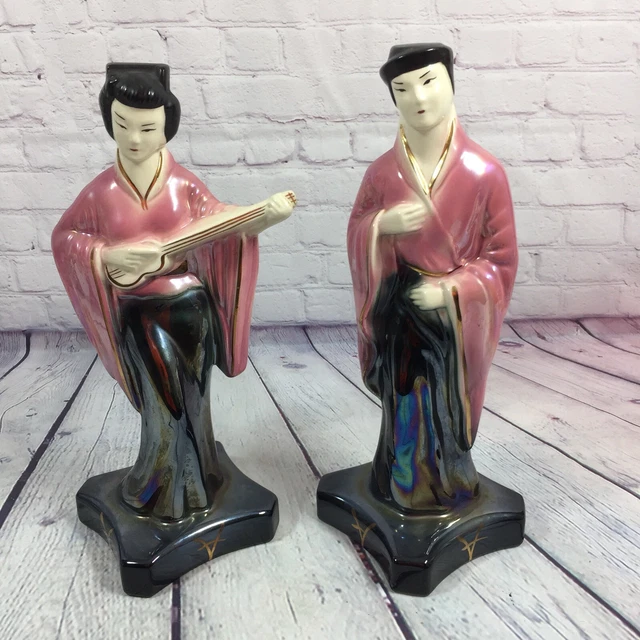 VINTAGE ORIENTAL MAN and Woman Ceramic Figurines Glaze Finish 12.5
