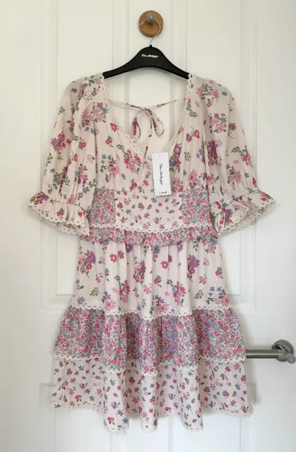 BNWT Miss Selfridge Size 8 Frill Mini Tea Dress In Cream & Pink Mix Floral Print
