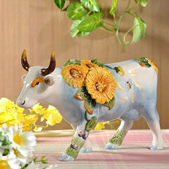 Ceramic Collectible Figurines Statue&#65292;3D Hand-Painted Sunflower Cow Decora 2