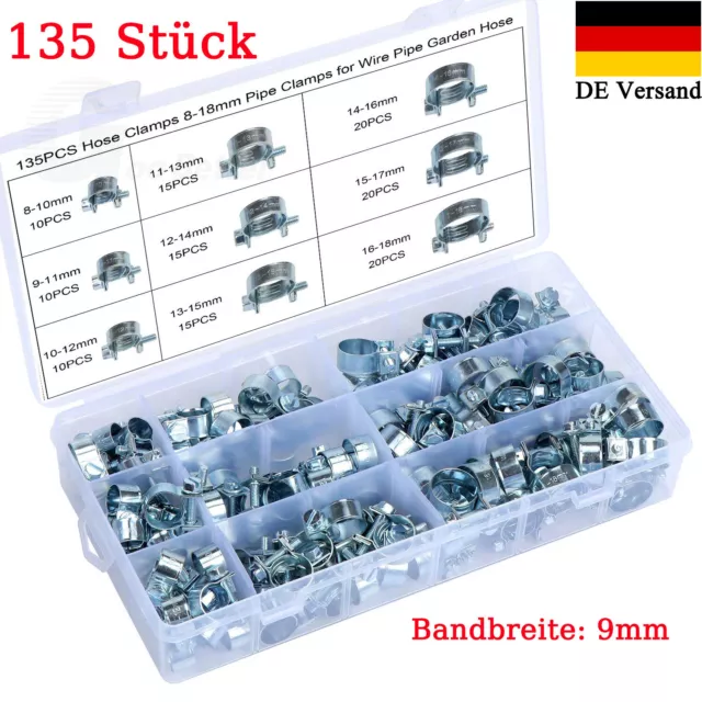 135x Schlauchschellen Mini Schellen 8-18mm Schlauchklemmen Klemmen Sortiment Set