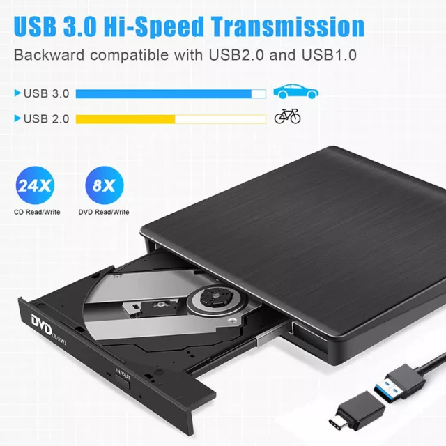 USB External DVD RW CD Writer Drive Burner Reader For Laptop PC Windows 10 11 UK