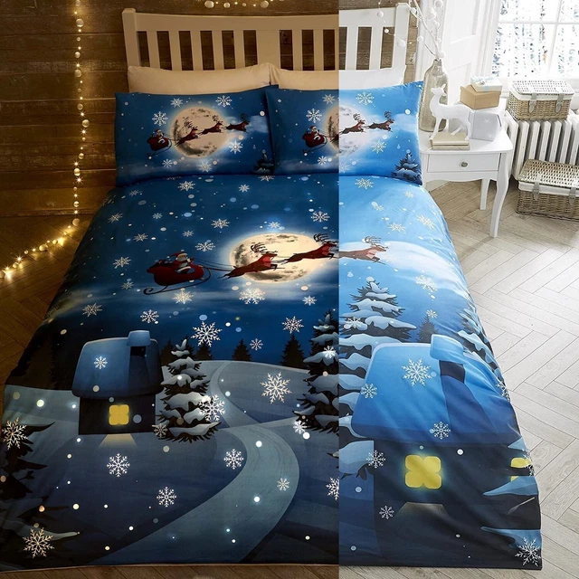 Santa Glow In The Dark Duvet Quilt Cover Kids Christmas Xmas Bedding Set Single