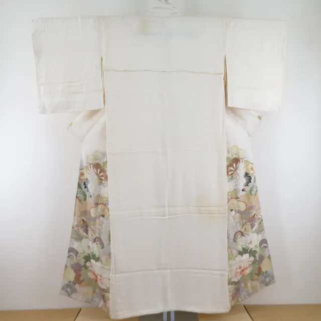 Antique Coloured Tomesode Kimono Silk flower and crane White 58.3inch Women's