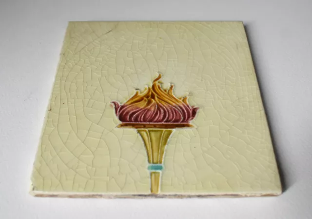 Original Art Nouveau Flaming Torch Design Embossed Majolica Tile