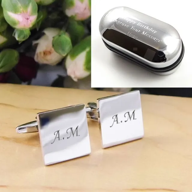 Silver Square Engraved Personalised Initial Cufflinks - Mens Wedding/Birthday