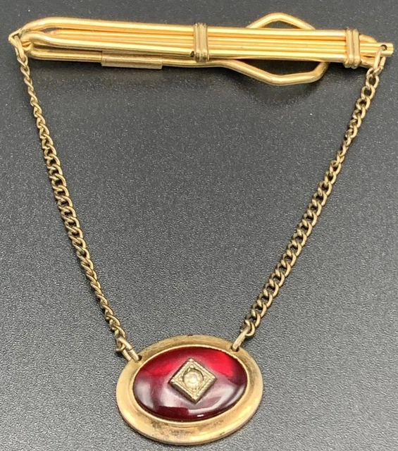 Antique Gold Tone Tie Clip Red clear Stone Pendant On Chain Pat. 2.111.166