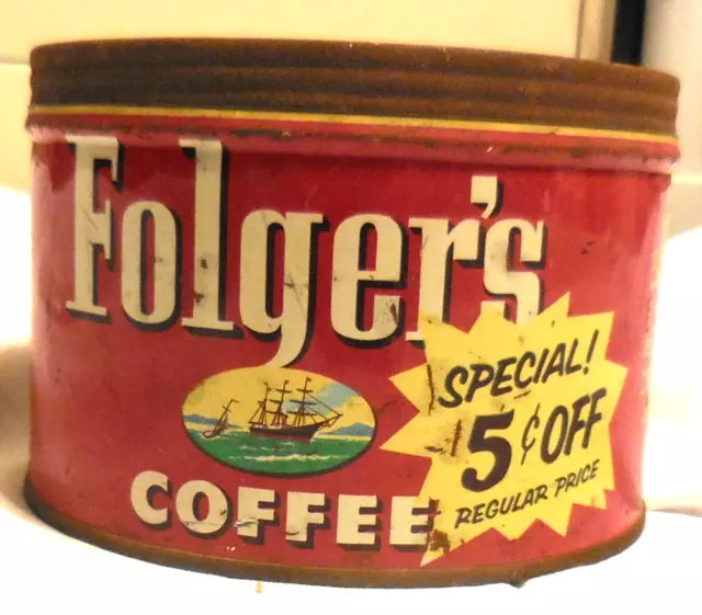 1 ad Folger's Coffee 1 pound tin Can Special 5 cent Off 1952 no lid,VTG