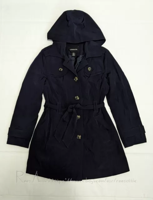 London Fog Hooded Rain Trench Coat Dark Blue With Removable Belt: Womens M