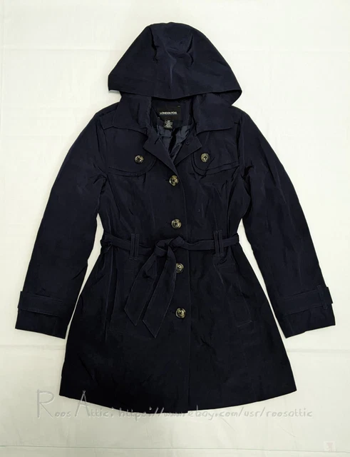 London Fog Hooded Rain Trench Coat Dark Blue With Removable Belt: Womens M