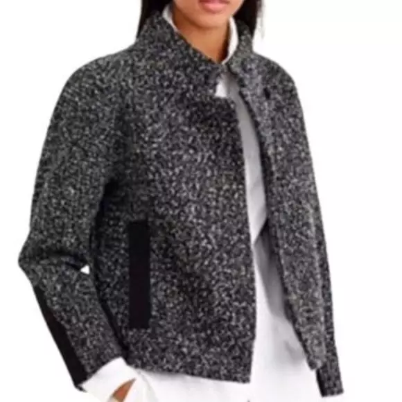 J. Crew Grey Marled Boucle Tweed Funnel Neck Cropped Wool-Blend Jacket 10