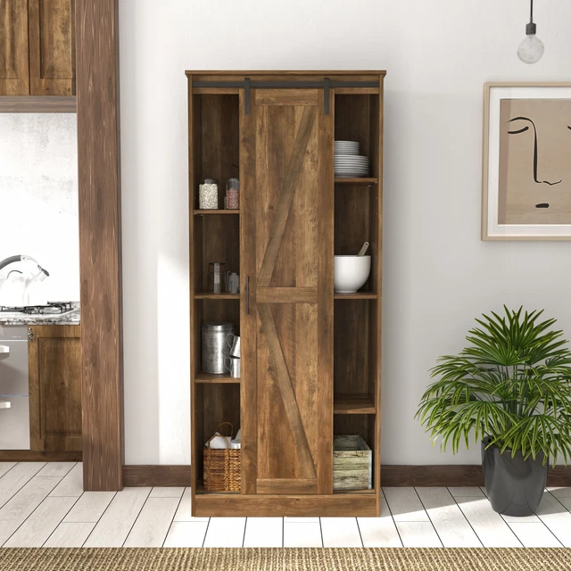 Sliding Barn Door Kitchen Pantry Storage Cabinet Tall Cupboard Organizer Shelves