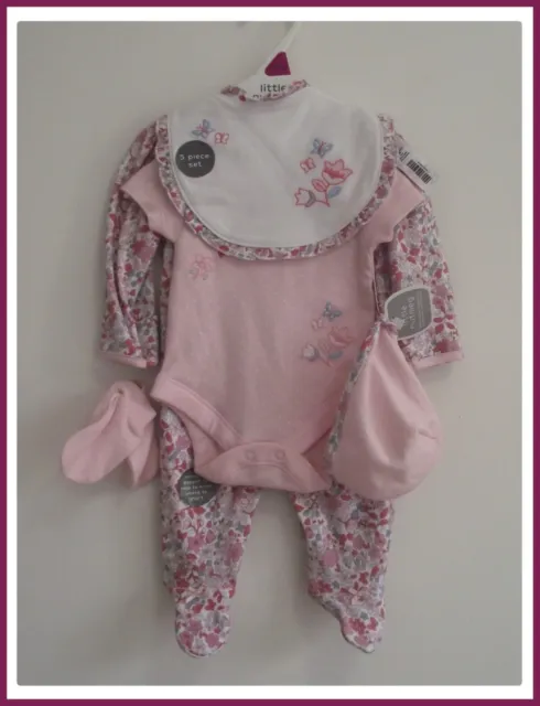Newborn Baby Girls 5 Piece Starter Set Pink Floral Sleepsuits Essentials NEW