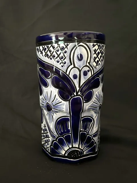 Mexican Blue White Hand Painted Talavera Cylinder Vase Tube Cup Tall Glass 8”