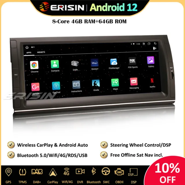 10.25" 64GO Android 12 Autoradio GPS DAB+CarPlay TNT OBD2 SWC 4G pour BMW X5 E53