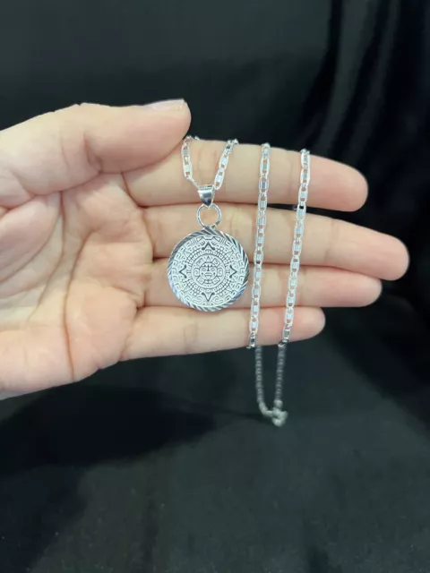 925 Sterling Silver Diamond Cut Aztec Mayan Calendar & Valentino Chain 18 24 26