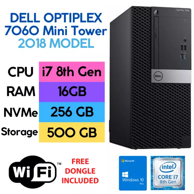 Dell OptiPlex 7060 Mini Tower i7 8th Gen 16GB RAM 256GB NVMe + 500GB HDD PC MT