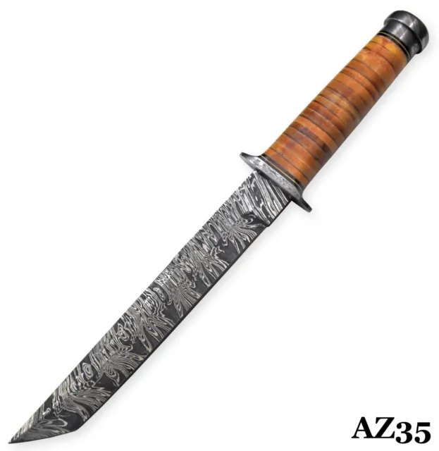 Custom Damascus Steel Tanto Hunting Knife Handmade,13.0"OAL Leather Handle (AZ35
