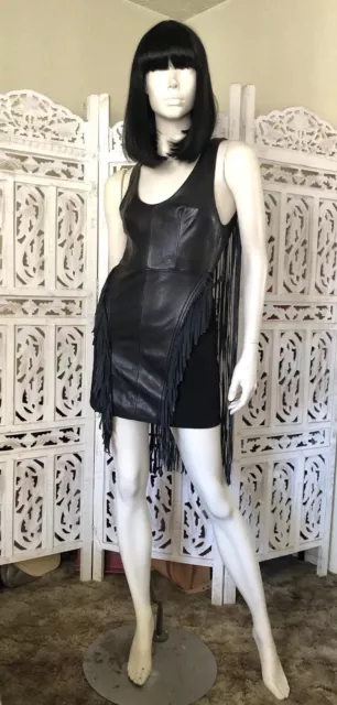 NASTY GAL- Black Leather Scoop Neck Super Fringe Mini Dress Size Small (6-8) EUC