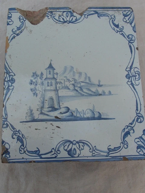 Antique Blue and White Dutch Delft Large Curved Tile 17thc.