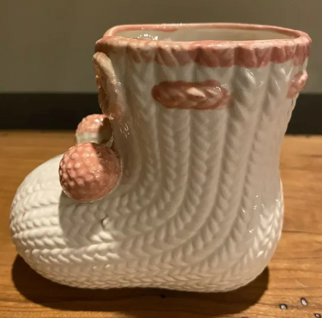 Vtg Napco Japan Ceramic Ivory Pink Baby Girl Knitted Boot Planter Vase Nursery