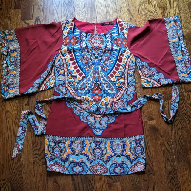 Anthropologie Ark Co Womens S Red Blue Medallion Knit Short Kimono Dress Belted
