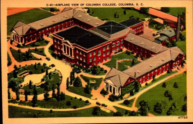 Vintage Linen Postcard Airplane View of Columbia College Columbia SC bk45