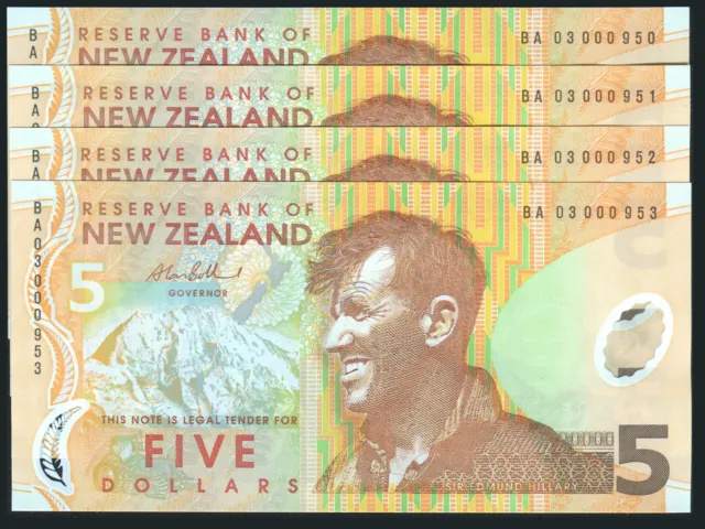 New Zealand - $5 - 4 Consecutive Notes - Bollard - BA03 000950-953
