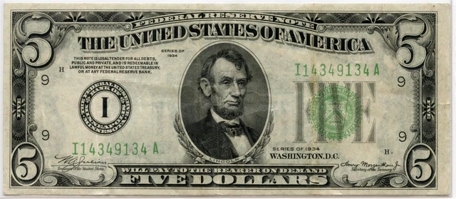 1934 $5 Federal Reserve Note VF FR#1955, Light Green Seal, Minneapolis