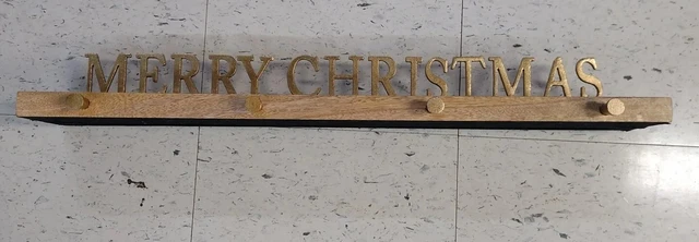 Merry Christmas Stocking Holder Threshold Gold  Lettering 4 Pegs EUC Farmhouse
