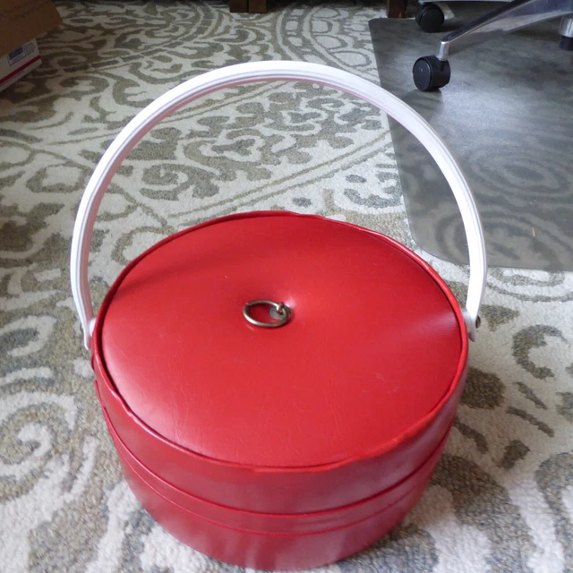 VTG 1960s Round Red Vinyl Sewing Basket W Tray Portable W Handle 9” Dia W Items