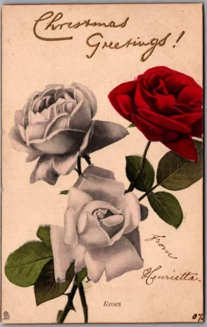 Vintage CHRISTMAS GREETINGS! Embossed Postcard Red & White Roses TUCK'S c1910s