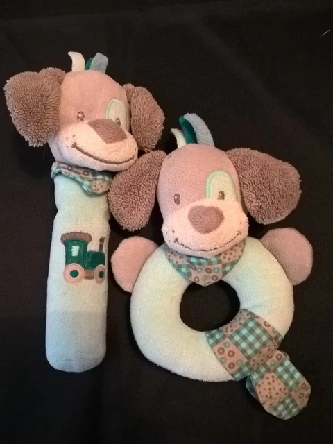 lot hochet pouet Doudou Peluche  Chien Cyril Bleu Turquoise Gris Train Nattou