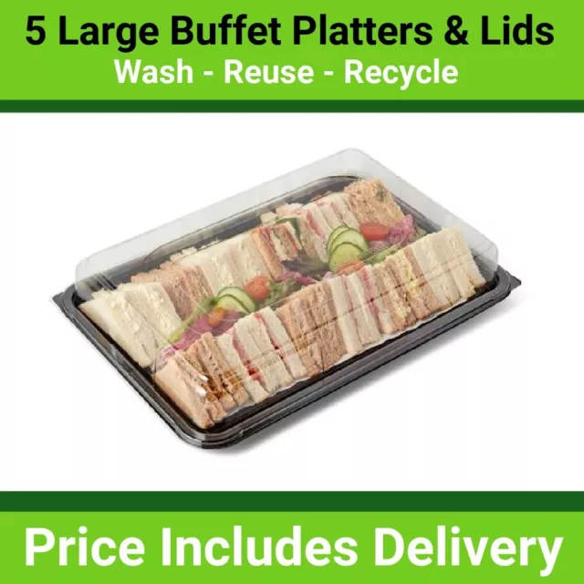 5 x Large Catering Platters/Trays & Lids (Reusable & Recyclable Plastic)