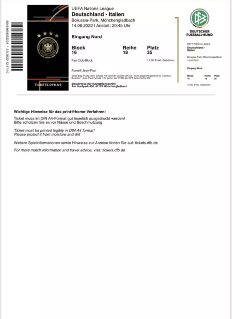 Sammler Used Ticket UEFA NL Deutschland Germany Italien Italy 14.06.22