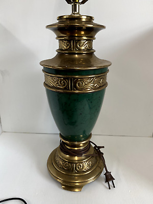 Vintage Green Porcelain and Beautifully Detailed Brass Table Lamp 27"