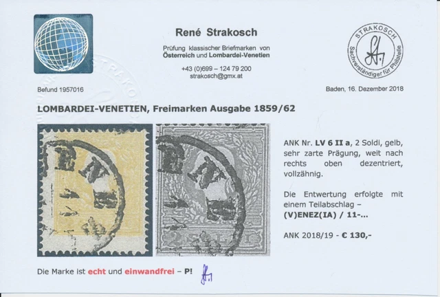 LOMBARDEI-VENETIEN 1858 2sld. Gelb, Nr.LV6 II.a, Kw:130,-€! VENEZIA. STRAKOSCH B