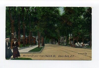 Glens Falls NY Warren County 1911 postcard, women walking, horse team, street