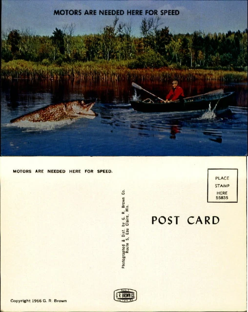 Need for Speed large fish exaggeration man rowing boat no motor chrome 1960s