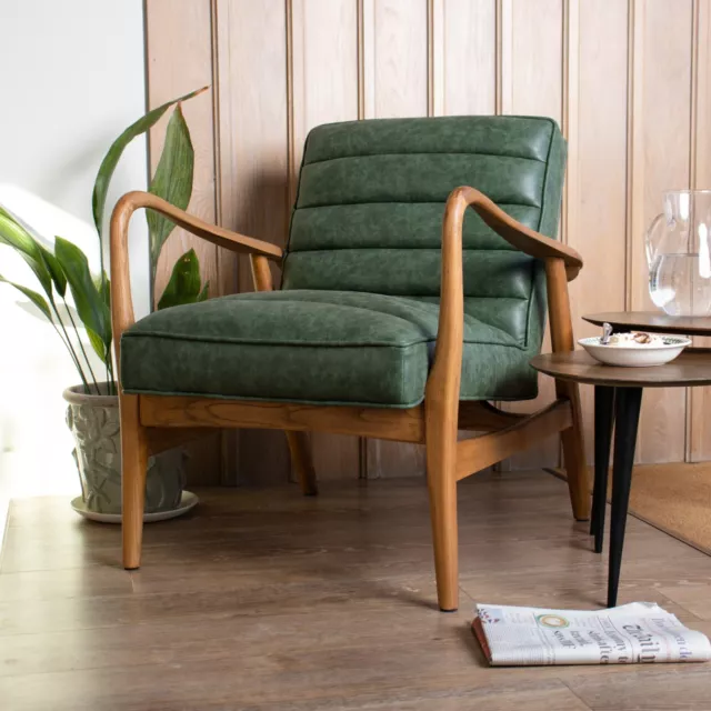 Green Faux Leather Armchair Retro Style Armchair Mid-Century Modern Chair